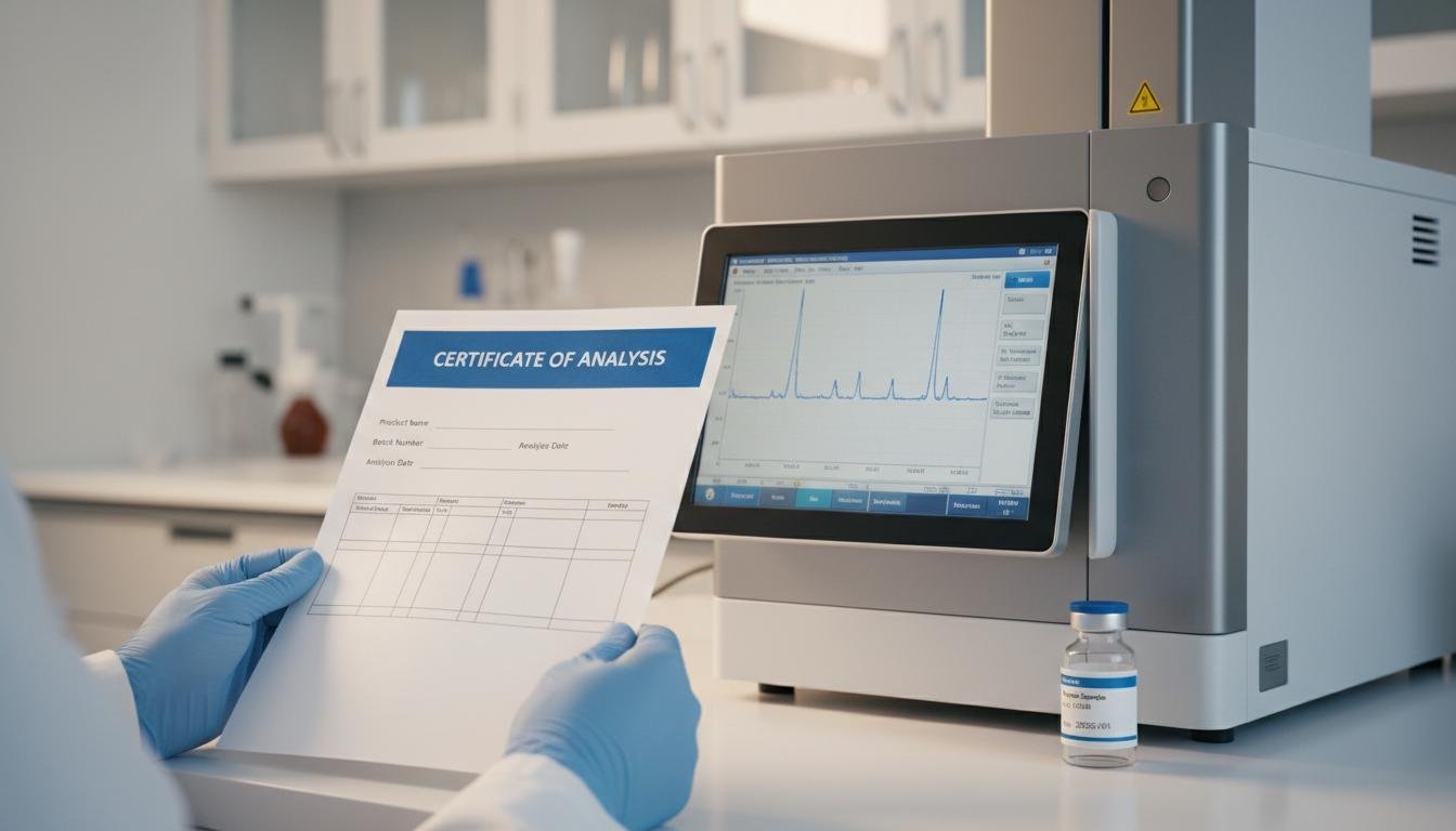 Laboratory technician holding Certificate of Analysis next to HPLC machine showing chromatogram results