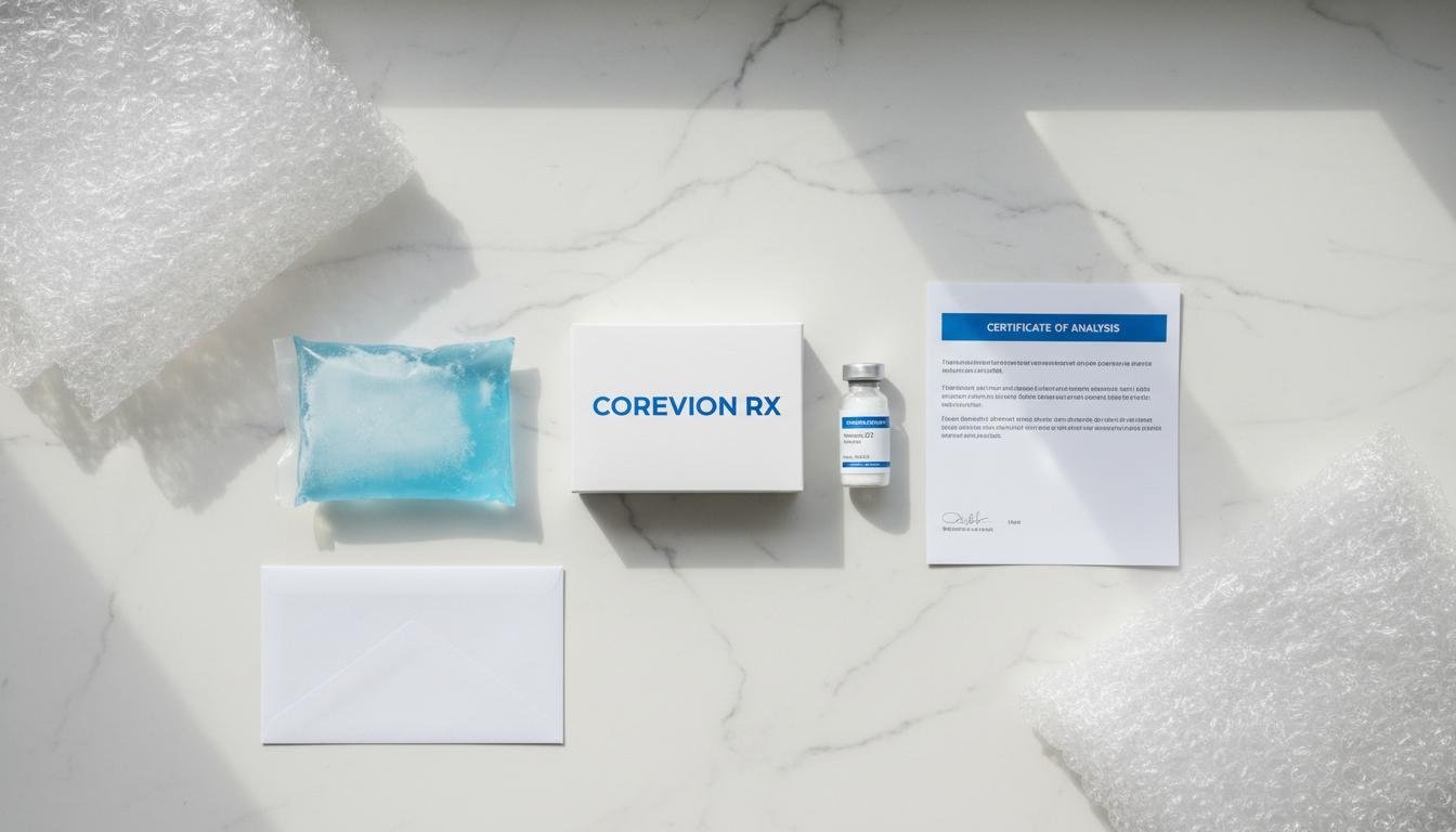 CoreVionRX shipment package contents including peptide vial with blue label, Certificate of Analysis, and cold shipping materials