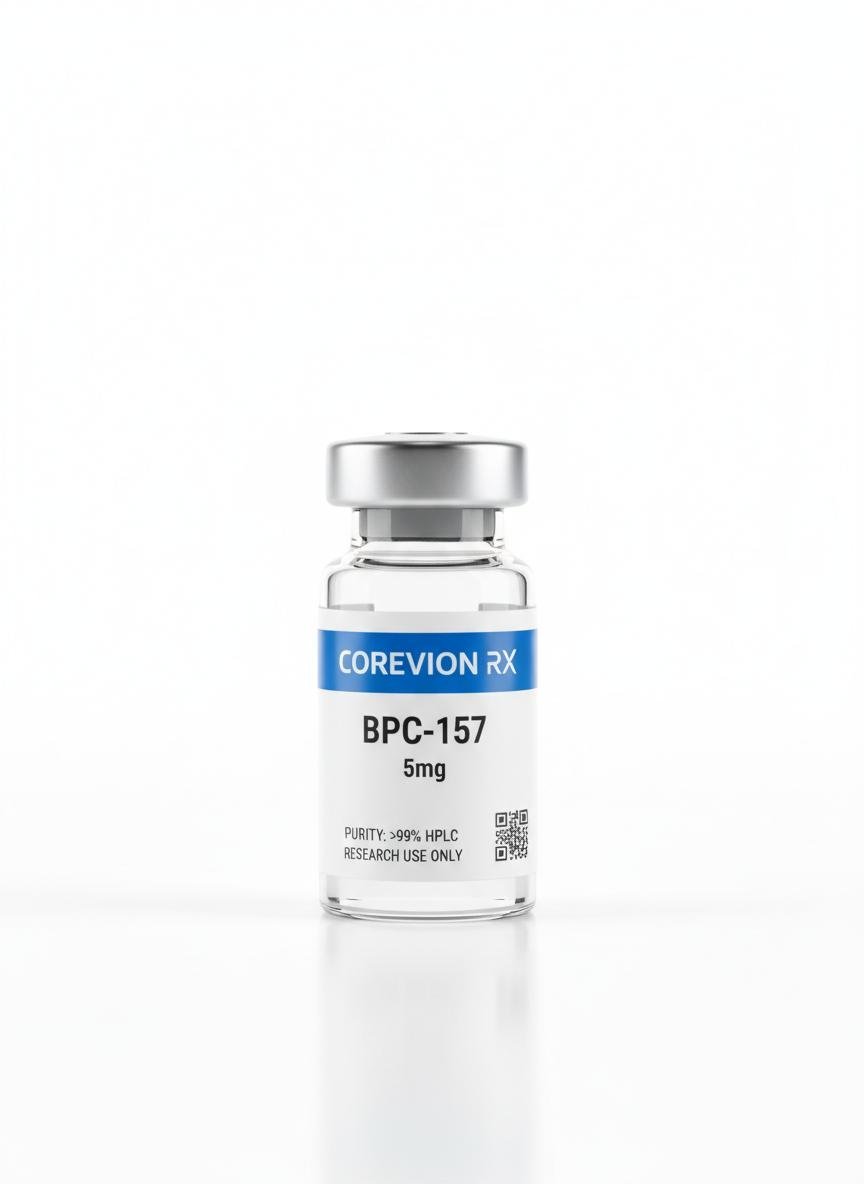 CoreVionRX peptide vial showing blue COREVION RX header label, product name BPC-157, 5mg dosage, QR code, and purity percentage