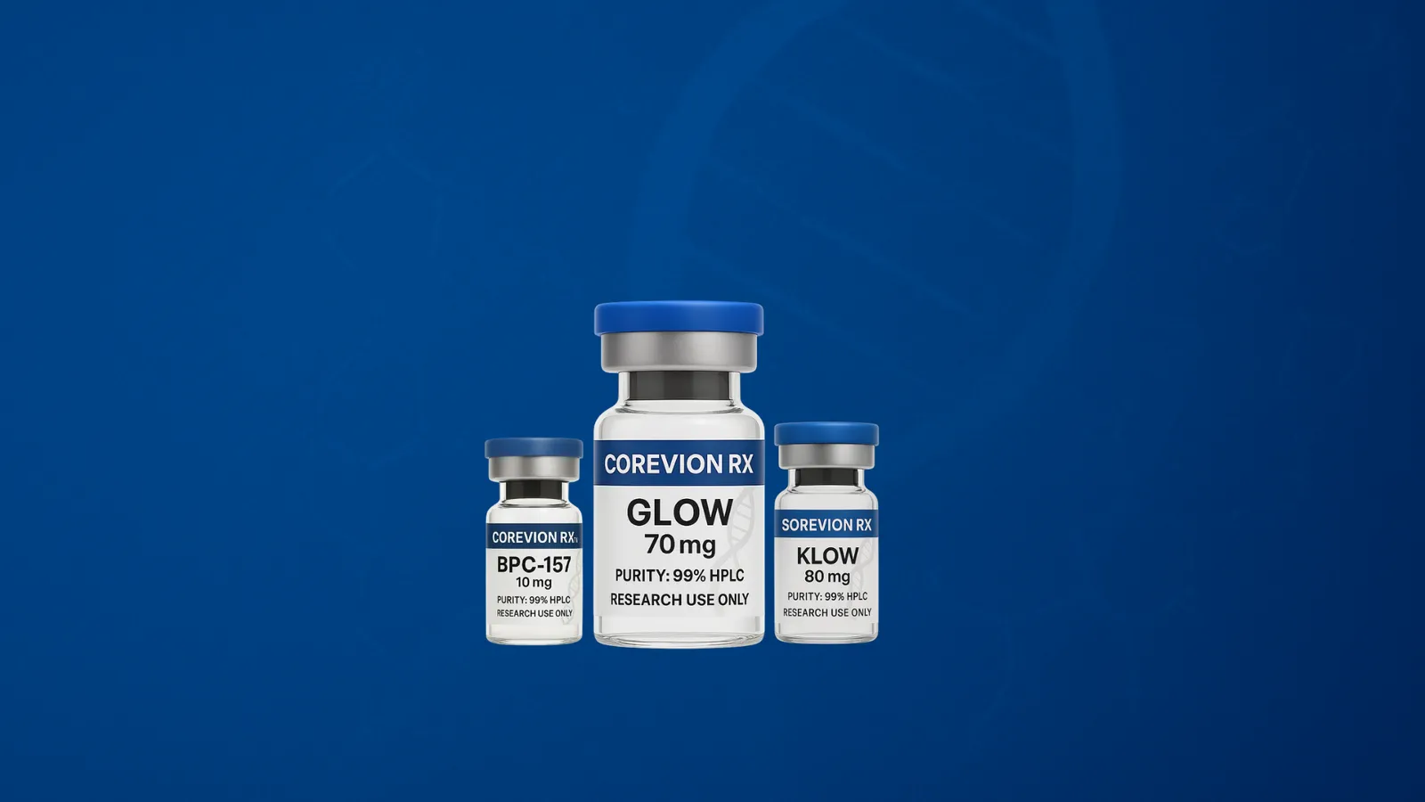 About CoreVionRX, Three research vials labeled BPC-157, GLOW, and KLOW from COREVION RX and SOREVION RX with 99% purity